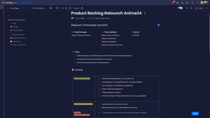 So könnte das Product Backlog für die Überarbeitung eines Onlineshops aussehen