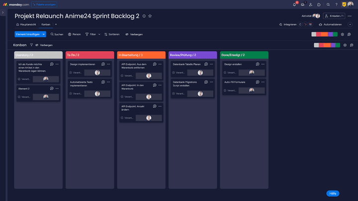 So könnte ein Sprint Backlog für unser Beispiel-Projekt aussehen
