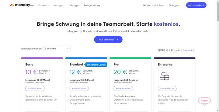 Ein klassisches Beispiel für das Pricing eines Task-Management-Tools bei monday.com