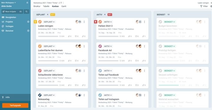 Auf dem übersichtlichen Kanban-Board sehen Sie immer, wie weit ein Projekt bereits fortgeschritten ist und wer daran beteiligt ist