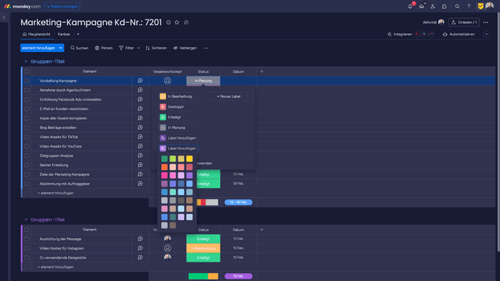 Mit Projektmanagement-Tools wie monday.com kannst du jeder Aufgabe einer eigenen Farbe bzw. Label zuordnen