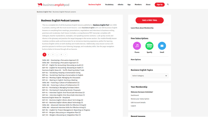 Der Start ist erst einmal schockierend für Liebhaber:innen von übersichtlichen Designs: Da alle Podcasts wild untereinander aufgelistet werden, hat Business English Pod erst einmal den Charme einer Excel-Tabelle.