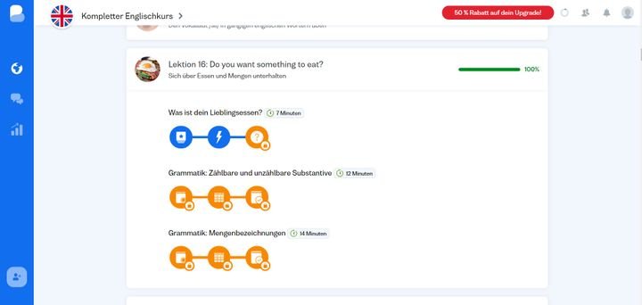 Der Unterschied zwischen der kostenlosen und der Premium-Version von Busuu sind die orangen (gesperrten) Lektionen