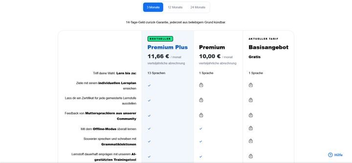 Die Preise für die Premium- und Premium-Plus-Mitgliedschaft bei Busuu