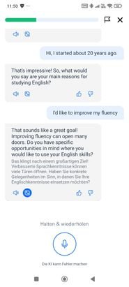 Beim KI-Gesprächstraining sollst du möglichst frei sprechen. Die Busuu-KI gibt dir den Weg vor und stellt bspw. Rückfragen. Bist du dir unsicher, kannst du das Gesagte jederzeit übersetzen lassen. Für meinen Geschmack sind die automatischen Übersetzungen aber viel zu steril.