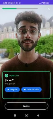 Die Sprachübungen werden oft von einem der immersiven Videos begleitet. So macht das Sprechen üben gleich viel mehr Spaß! Ärgerlich ist, dass Nutzer:innen ohne Abo von diesen Übungen nicht profitieren können.