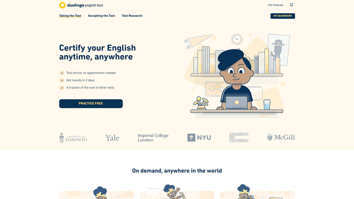 Für den Duolingo English Test stellt Duolingo seine eigene Übungsumgebung zur Verfügung – und das sogar kostenlos.