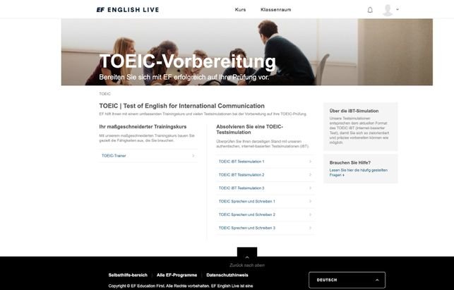 Neben TOEFL gibt es auch eine umfangreiche TOEIC-Vorbereitung bei EF