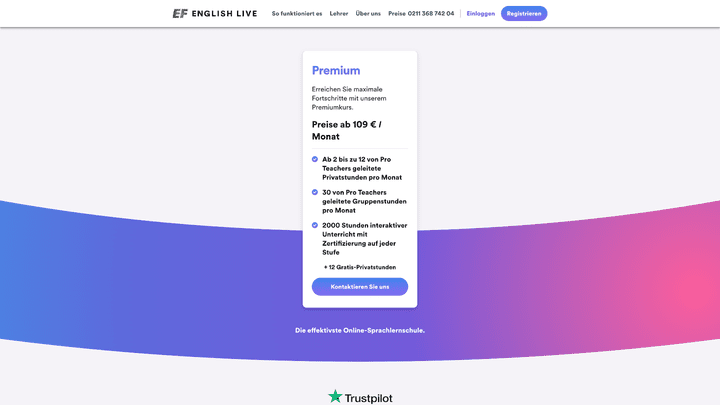 Die Kosten für einen EF English Live Premium-Account beginnen bei 109 € pro Monat