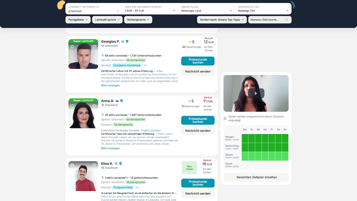 Bei Preply liegt der Fokus auf den Lehrkräften, sowohl Anfänger:innen als auch Fortgeschrittenen profitieren