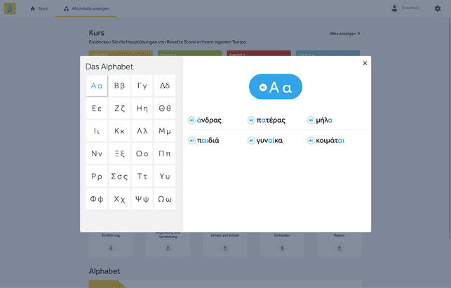 Bei Rosetta Stone gibt es ein knappes Alphabet