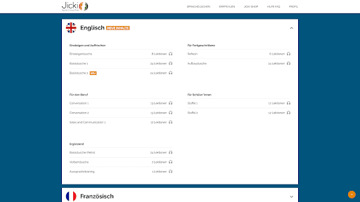 Die einzelnen Sprachen sind in verschiedene Kurse und Schwierigkeitsgrade unterteilt