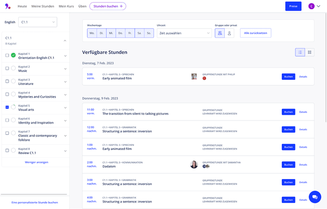 Die Auswahl der Stunden ist übersichtlich und die Buchung easy