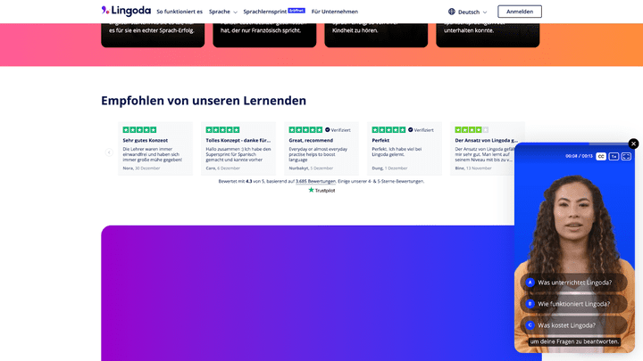 Lingoda bietet einen gut ausgebauten FAQ-Bereich