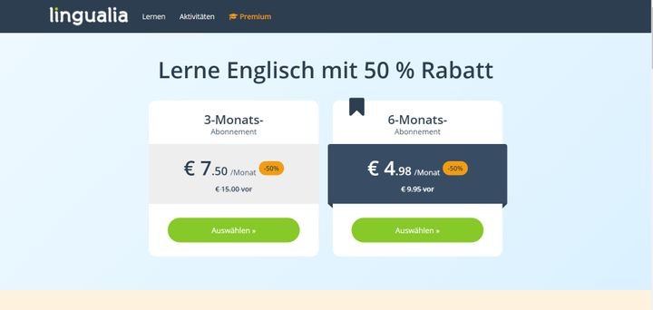 Die (rabattierten) Preise für die Lingualia-Premium-Abonnements