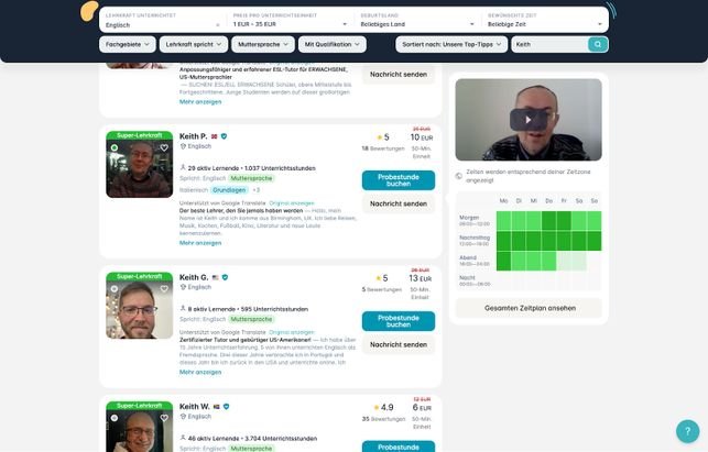 Im Kalender auf der rechten Seite werden die freien Lernzeiten angezeigt