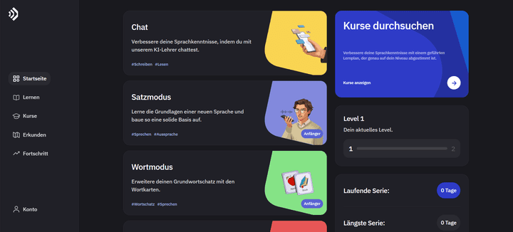 Talkpal bietet eine ganze Reihe an verschiedenen Chat- und Übungsmodi, in denen du eine Sprache mithilfe von KI-Gesprächspartner:innen trainierst.