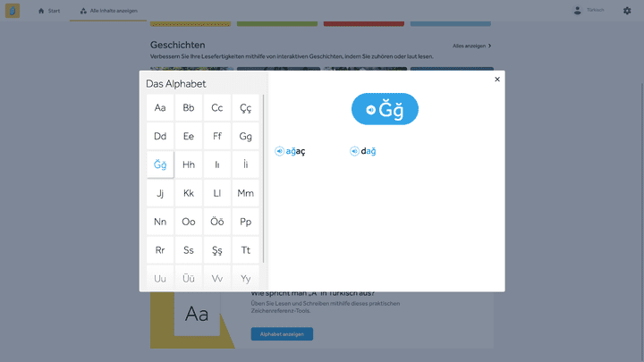 Rosetta Stone zeigt neben den Buchstaben auch Beispielwörter an
