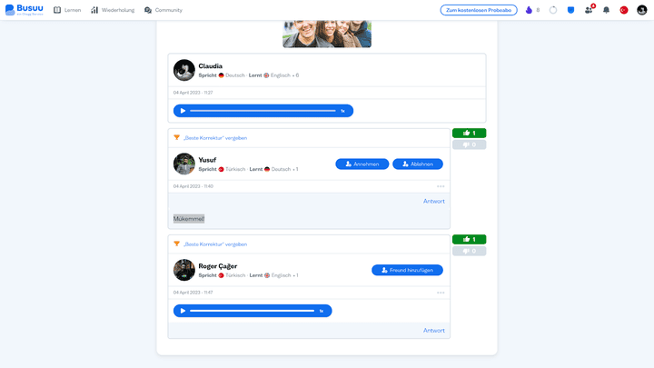 Busuu bietet euch durch die Community-Funktion eine gute Gelegenheit euere Aussprache zu verbessern