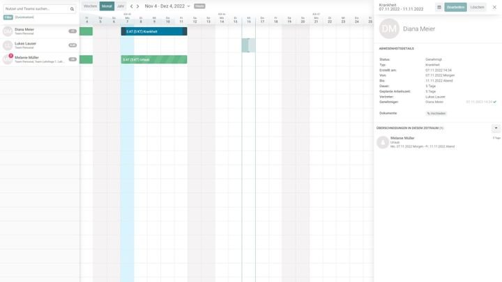 Unterschiedliche Abwesenheitsarten sind im Teamkalender gut erkennbar