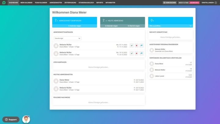 In dem übersichtlichen Dashboard sehen Sie Abwesenheiten, offene Anträge und vieles mehr