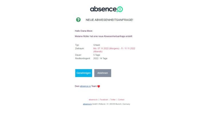 E-Mail-Benachrichtigung von absence.io über offene Urlaubsanträge