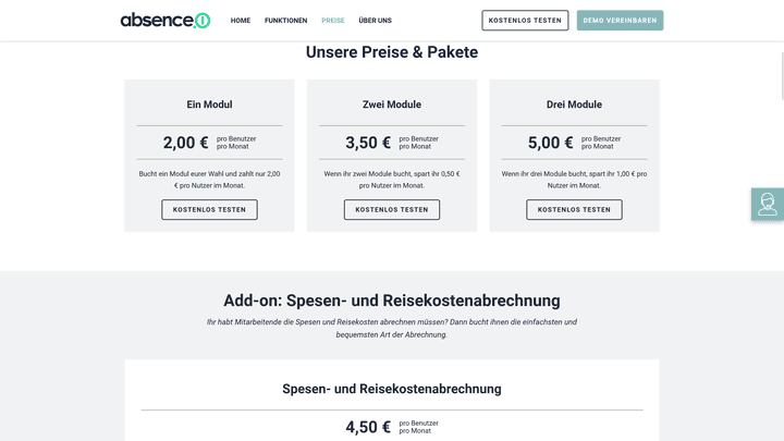 Die Preisgestaltung der absence.io-Module