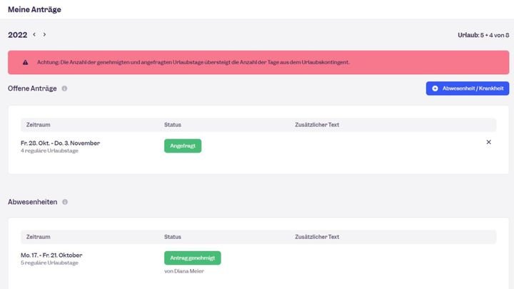 Mitarbeiteransicht bei Überschreitung des Urlaubskontingents