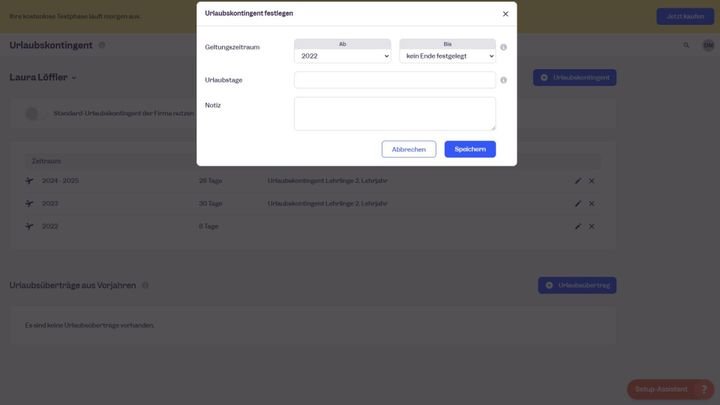 Ein neues Urlaubskontingent einrichten