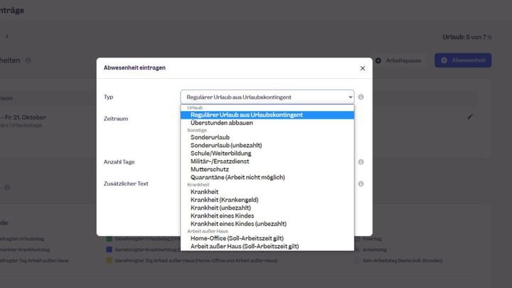 Eine große Auswahl verfügbarer Abwesenheitsarten