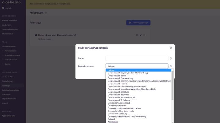 Auswahl verfügbarer Regionen zur Erstellung eines Feiertagskalenders