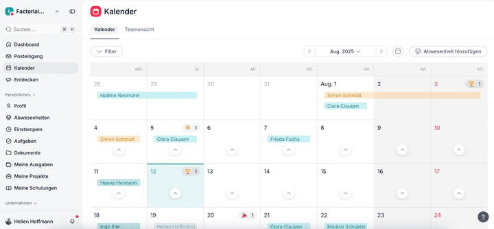 Überschneidende Abwesenheiten im Teamkalender von Factorial