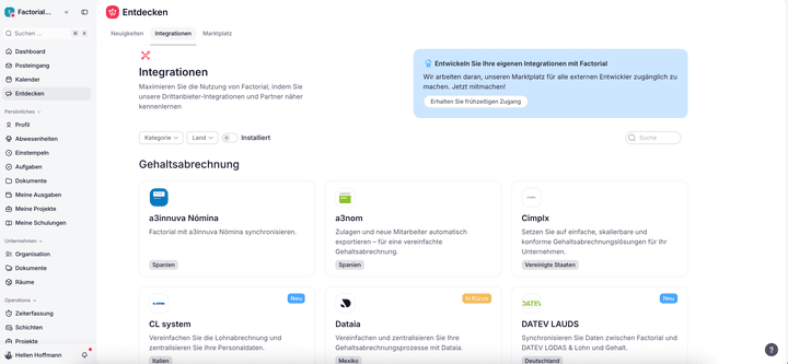 Auszug möglicher Integrationen von Factorial