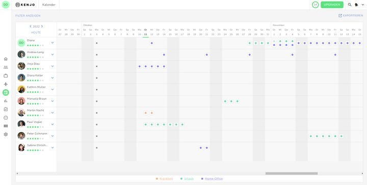 Listenansicht des gemeinsamen Team-Kalenders mit Testdaten in Kenjo