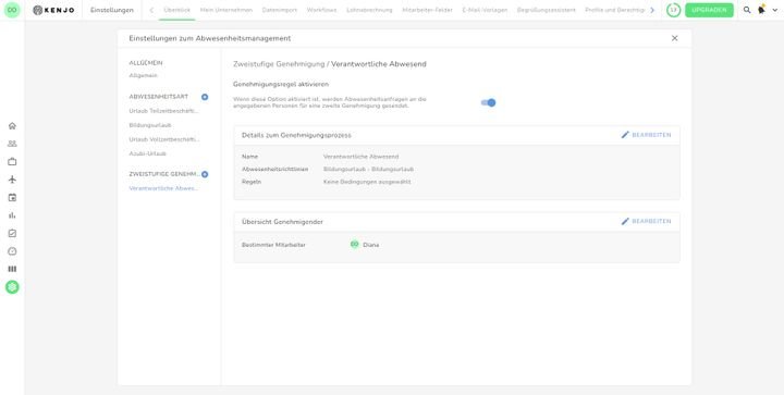 Einstellungen für den zweistufigen Genehmigungsprozess in Kenjo