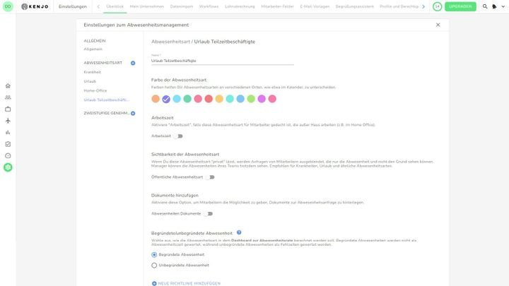 Formular zur Erstellung einer neuen Abwesenheitsart mit Farbauswahl