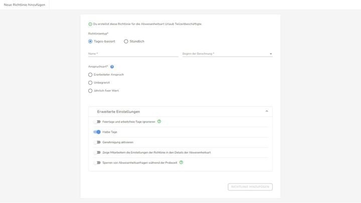 Weiteres Formular zur Festlegung von Richtlinien