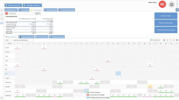 Anträge lassen sich über den Kalender und einzelne Felder stellen