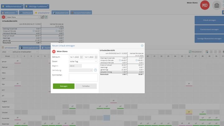 Urlaubsübersicht im Antragsformular