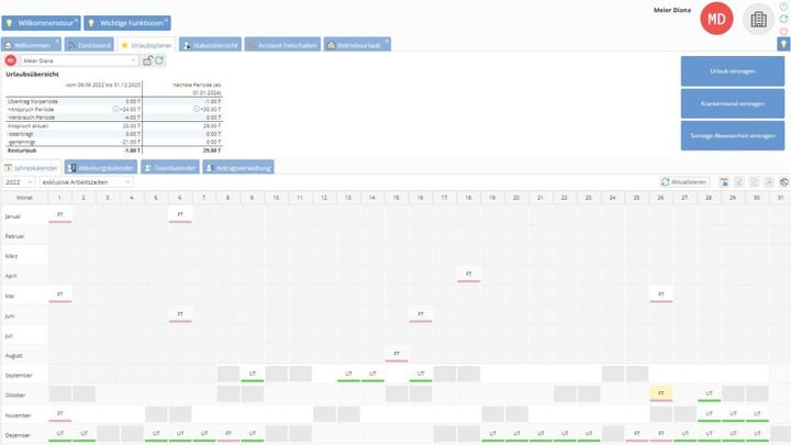 Eigene Abwesenheiten sind im Jahreskalender dargestellt