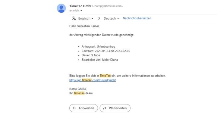 E-Mail-Nachricht von TimeTac über genehmigten Urlaubsantrag