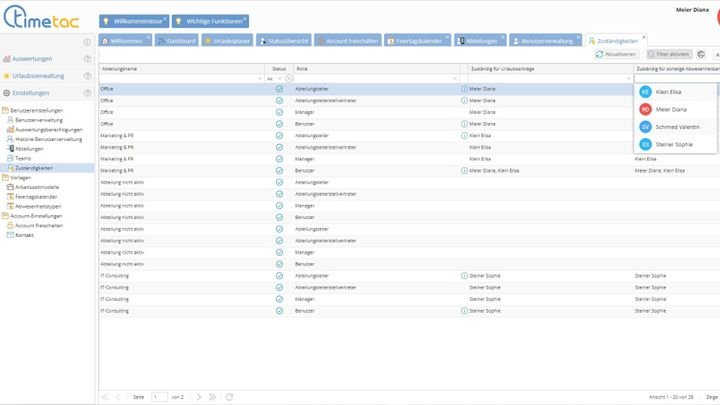 Eine oder mehrere Zuständigkeiten für Urlaube und sonstige Abwesenheitsarten festlegen