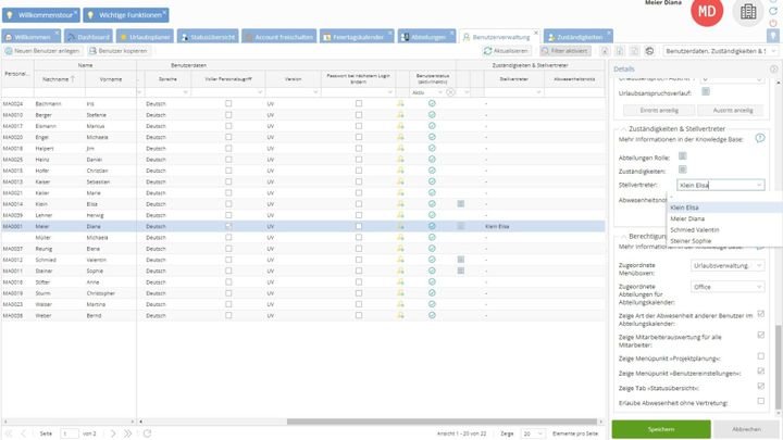 Vertretung für den Fall der eigenen Abwesenheit eintragen