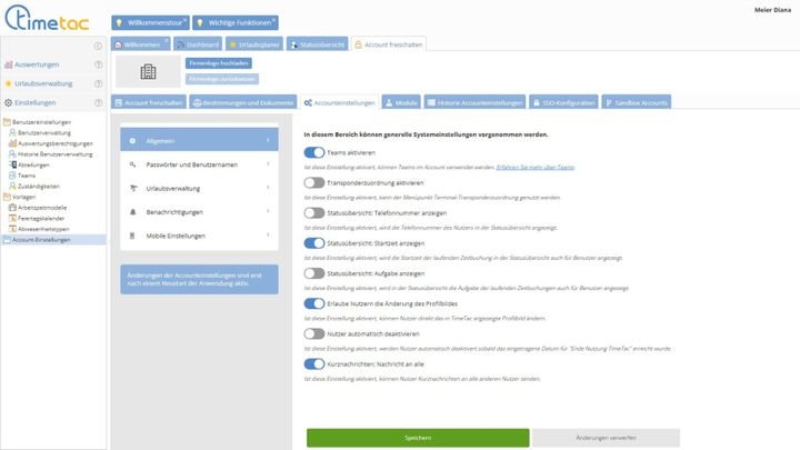 Allgemeine Systemeinstellungen in TimeTac