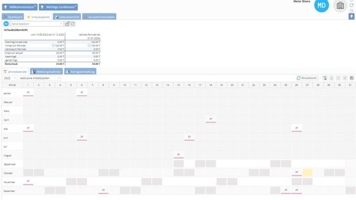 Urlaubsplaner ohne Testdaten im zweiten Test-Account vor dem Systemneustart