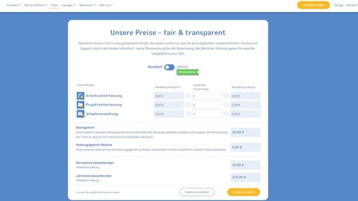 Preisgestaltung der TimeTac-Module