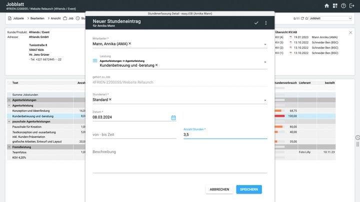 Stunden lassen sich schnell und einfach eintragen und auf Projekte bzw. einzelne Aufgaben buchen