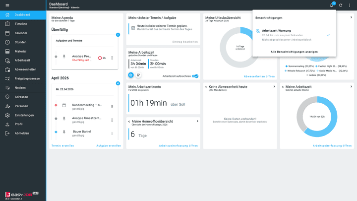 Das zentrale Dashboard lässt sich je Mitarbeiter:in individuell zuschneiden, sodass jedes Teammitglied immer seine aktuellen Aufgaben, Zeiten und Projekte im Blick hat.