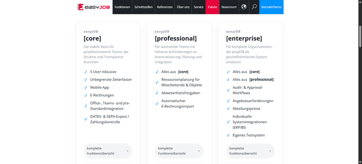 Ein kleiner Einblick in die verfügbaren Pakete bei easyJOB.