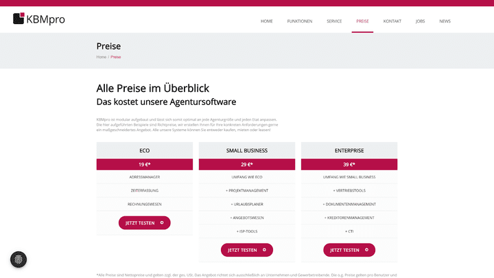Ein Blick auf die drei Leistungspakete und Preise von KBMpro